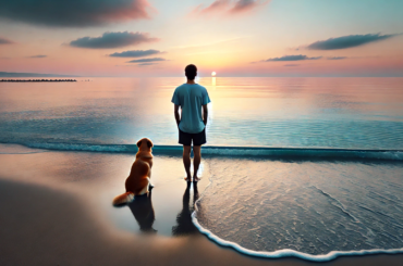 An-ultrawide-serene-image-featuring-both-a-man-and-a-dog-standing-on-a-calm-beach-during-sunset.-The-man-looks-towards-the-horizon-with-a-relaxed-post