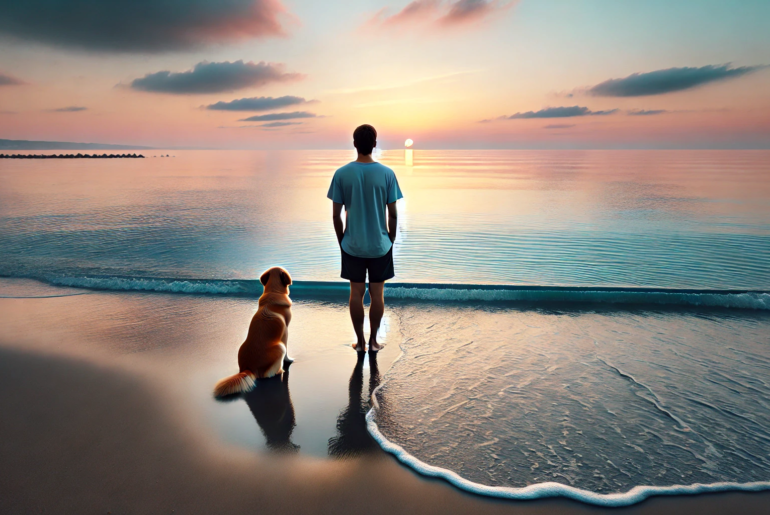 An-ultrawide-serene-image-featuring-both-a-man-and-a-dog-standing-on-a-calm-beach-during-sunset.-The-man-looks-towards-the-horizon-with-a-relaxed-post